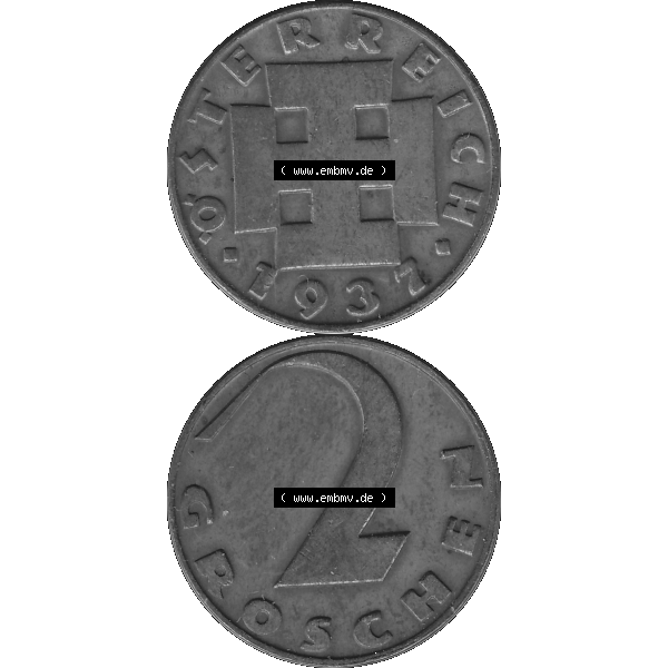 Grau bzw. s/w Alte Münze 2 / Zwei Groschen Österreich in original Farbgebung von Scanner transparenten PNG 1925-1938, 2 Zwei Groschen, Krückenkreuz 1937-01. Vorderseite und Rückseite... Sammlung Graustufen