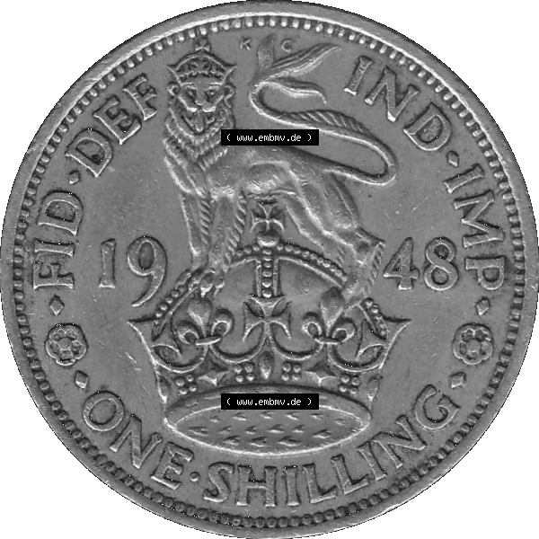 Grau bzw. s/w Alte Münze Großbritannien, Bild in Farbe bzw. Color PNG-Grafik 1947-1948, 1 One Schilling - One Shilling, 1948-07 Stehender gekrönter Löwe auf Krone.... Sammlung Graustufen