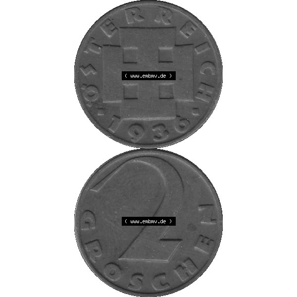 Grau bzw. s/w Alte Münze 2 / Zwei Groschen Österreich in original Farbgebung von Scanner transparenten PNG 1925-1938, 2 Zwei Groschen, Krückenkreuz 1936-03. Vorderseite und Rückseite... Sammlung Graustufen