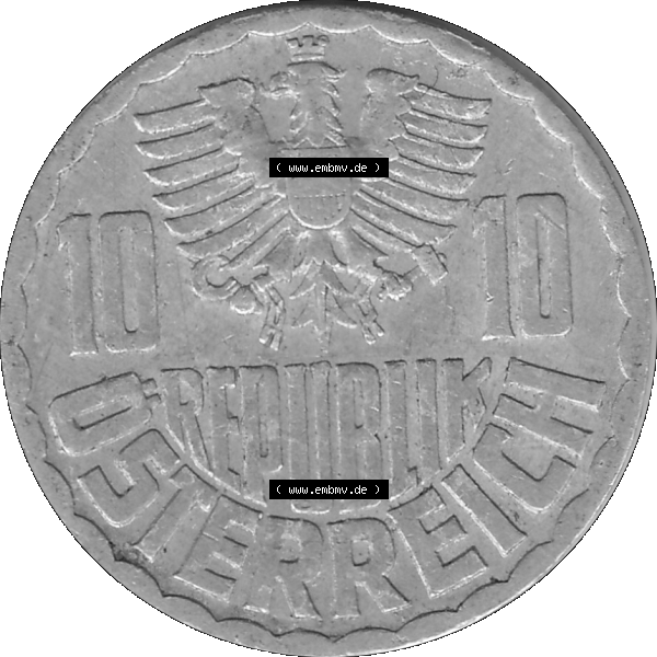Grau bzw. s/w Alte Münze 10 / Zehn Groschen Österreich in original Farbgebung von Scanner transparenten PNG 1951-2001, 10 Groschen 1957-02. Vorderseite der alten österreichischen 10 /... Sammlung Graustufen