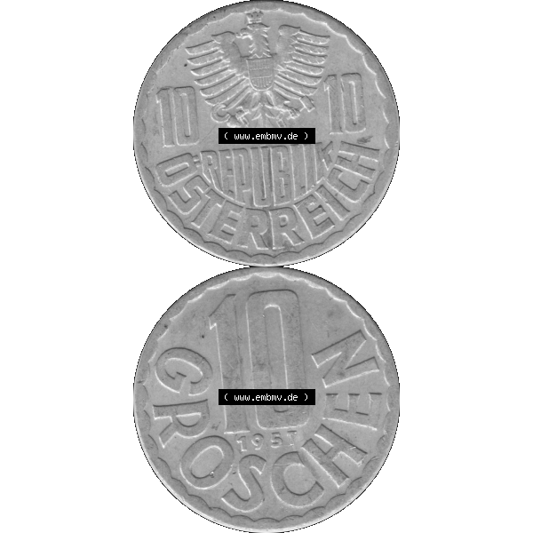 Grau bzw. s/w Alte Münze 10 / Zehn Groschen Österreich in original Farbgebung von Scanner transparenten PNG 1951-2001, 10 Groschen 1957-01. Vorderseite und Rückseite der Kursmünze... Sammlung Graustufen