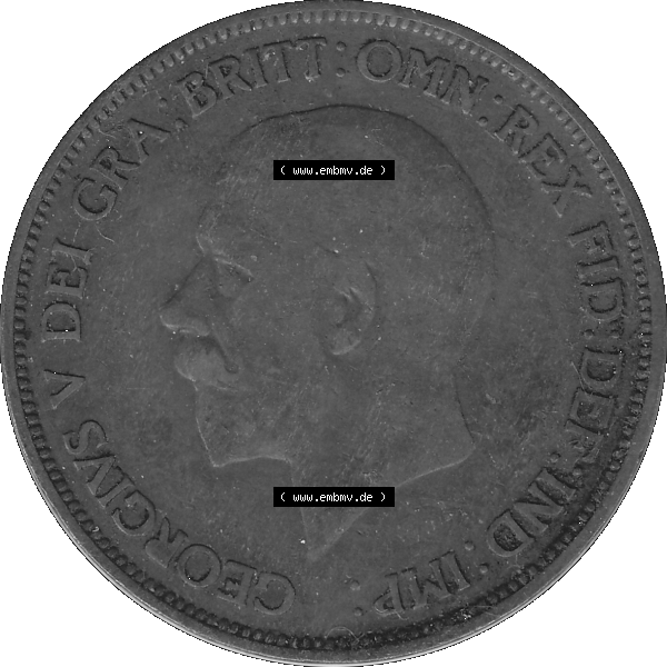 Grau bzw. s/w Alte Münze Großbritannien Umlaufmünze One Penny, 1 Pence 1928-1936, 1 One Penny, 1936-02 , George V. BM GEORGIVS V DEI GRABRITTOMNREX FIDDEFINDIMP Graustufen.... Sammlung Graustufen
