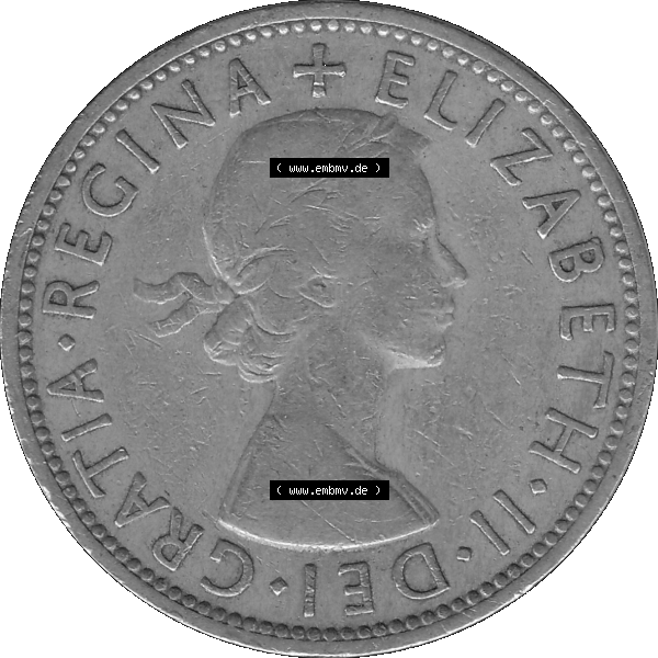 Grau bzw. s/w Alte Münze Großbritannien, Bild in Farbe bzw. Color PNG-Grafik, Umlaufmünze aus dem Zeitraum 1954-1970, 2 Schilling-Florin, Two Shillings, 1954-01 ELIZABETH... Sammlung Graustufen
