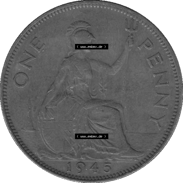 Grau bzw. s/w Alte Münzen Großbritannien Umlaufmünze 1937-1948, 1 One Penny 1945-01, George VI, GEORGIVS VI DGBROMNREX FDINDIMP. HP. Rückseite der alten britischen... Sammlung Graustufen