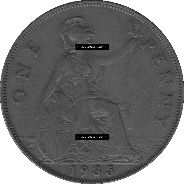 Grau bzw. s/w Alte Münze Großbritannien Umlaufmünze One Penny, 1 Pence 1928-1936, 1 One Penny, 1935-01, George V. BM GEORGIVS V DEI GRABRITTOMNREX FIDDEFINDIMP Graustufen.... Sammlung Graustufen