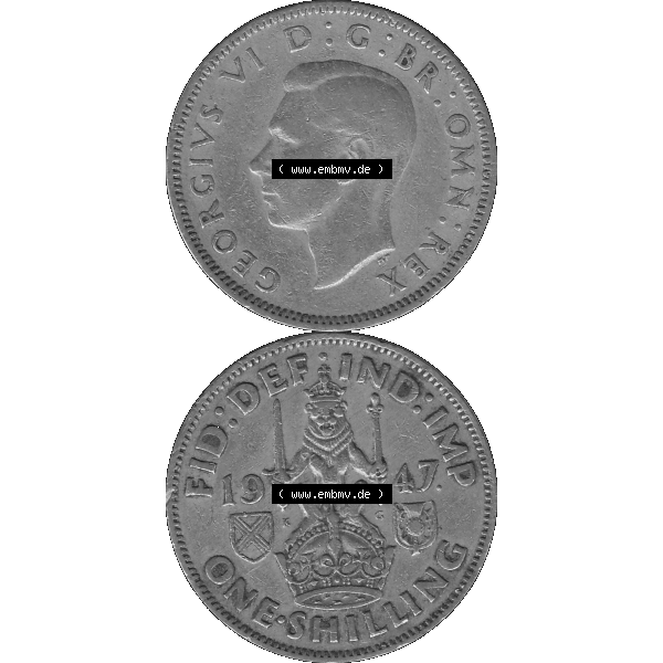 Grau bzw. s/w Alte Münze Großbritannien, Bild in Farbe bzw. Color PNG-Grafik 1947-1948, 1 One Schilling - One Shilling, 1947-02 Sitzender gekrönter Löwe auf Krone.... Sammlung Graustufen