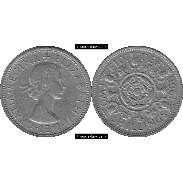 Grau bzw. s/w Alte Münze Großbritannien, Bild in Farbe bzw. Color PNG-Grafik, Umlaufmünze aus dem Zeitraum 1954-1970, 2 Schilling-Florin, Two Shillings, 1966-06 ELIZABETH... Sammlung Graustufen