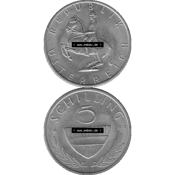 Grau bzw. s/w Alte Münze 5 / Fünf Schilling Österreich in original Farbgebung von Scanner transparenten PNG 1968-2001, 5 Schilling 1987-02, Reiter in der Levade. Vorderseite und... Sammlung Graustufen