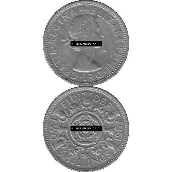 Grau bzw. s/w Alte Münze Großbritannien, Bild in Farbe bzw. Color PNG-Grafik, Umlaufmünze aus dem Zeitraum 1954-1970, 2 Schilling-Florin, Two Shillings, 1967-01 ELIZABETH... Sammlung Graustufen