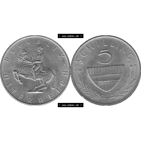 Grau bzw. s/w Alte Münze 5 / Fünf Schilling Österreich in original Farbgebung von Scanner transparenten PNG 1968-2001, 5 Schilling 1980-02, Reiter in der Levade. Vorderseite und... Sammlung Graustufen