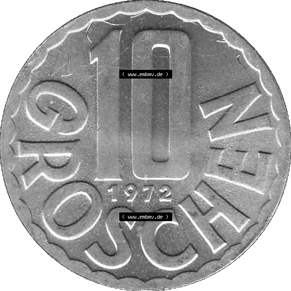 Grau bzw. s/w Alte Münze 10 / Zehn Groschen Österreich in original Farbgebung von Scanner transparenten PNG 1951-2001, 10 Groschen 1972-01. Rückseite der alten 10 / Zehn Groschen... Sammlung Graustufen