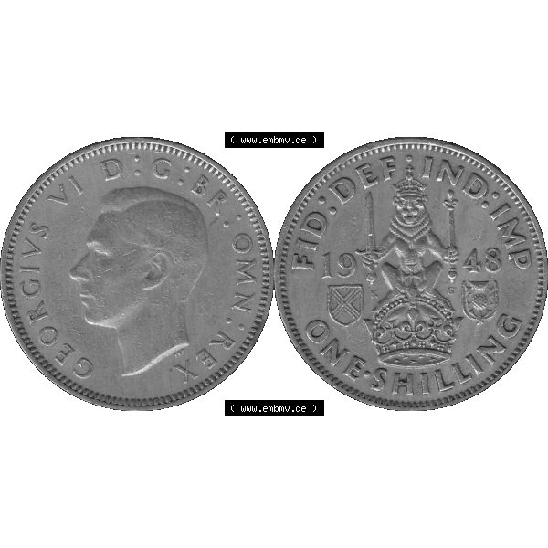 Grau bzw. s/w Alte Münze Großbritannien, Bild in Farbe bzw. Color PNG-Grafik 1947-1948, 1 One Schilling - One Shilling, 1948-01 Sitzender gekrönter Löwe auf Krone.... Sammlung Graustufen