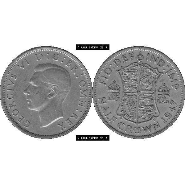 Grau bzw. s/w Alte Münze Großbritannien, Bild in Farbe bzw. Color PNG-Grafik 1947-1948, Halbe - 1/2 Krone, Half Crown 1947-01, George VI, FID DEF IND IMP HALF CROWN.... Sammlung Graustufen