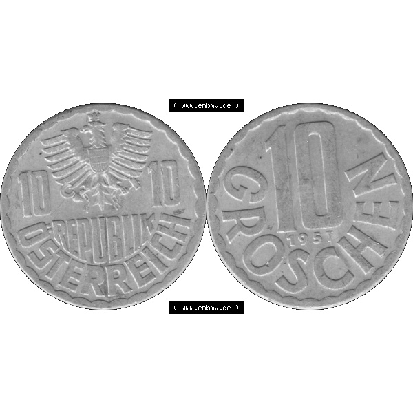 Grau bzw. s/w Alte Münze 10 / Zehn Groschen Österreich in original Farbgebung von Scanner transparenten PNG 1951-2001, 10 Groschen 1957-01. Vorderseite und Rückseite der 10 / Zehn... Sammlung Graustufen
