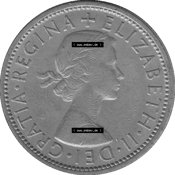 Grau bzw. s/w Alte Münze Großbritannien, Bild in Farbe bzw. Color PNG-Grafik, Umlaufmünze aus dem Zeitraum 1954-1970, 2 Schilling-Florin, Two Shillings, 1966-07 ELIZABETH... Sammlung Graustufen