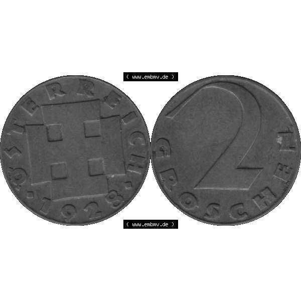 Grau bzw. s/w Alte Münze aus Österreich als PNG-Grafik 1925-1938, 2 Groschen 1928-01. Vorderseite und Rückseite der 2 Groschen Münze horizontal auf einen digitalen Bild der alten österreichischen... Sammlung Graustufen