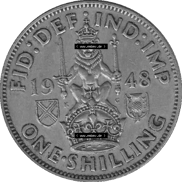 Grau bzw. s/w Alte Münze Großbritannien, Bild in Farbe bzw. Color PNG-Grafik 1947-1948, 1 One Schilling - One Shilling, 1948-03 Sitzender gekrönter Löwe auf Krone.... Sammlung Graustufen