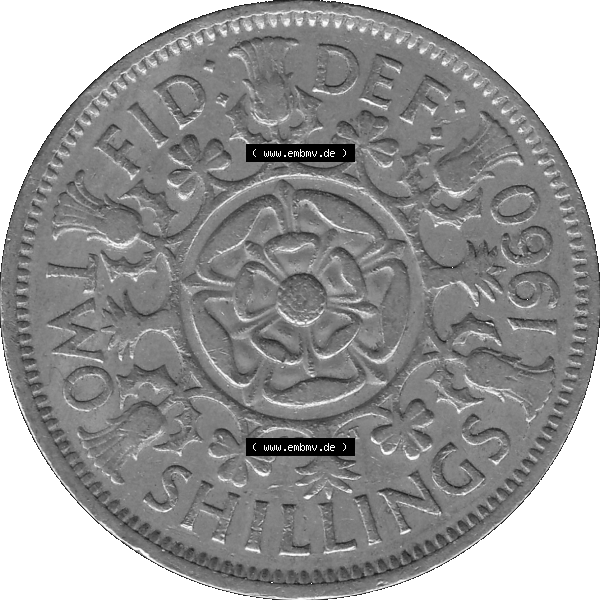 Grau bzw. s/w Alte Münze Großbritannien, Bild in Farbe bzw. Color PNG-Grafik, Umlaufmünze aus dem Zeitraum 1954-1970, 2 Schilling-Florin, Two Shillings, 1960-01 ELIZABETH... Sammlung Graustufen