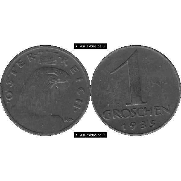 Grau bzw. s/w Alte Münze 1 / Ein Groschen Österreich in original Farbgebung von Scanner transparenten PNG 1925-1938, 1-Ein Groschen, Adlerkopf mit Mauerkrone 1935-01. Vorderseite und... Sammlung Graustufen