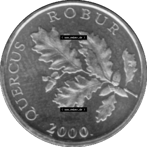 Grau bzw. s/w Alte Münze Kroatien Umlaufmünze 1994-2021, 5 Lipa 2000-01. Rückseite der alten kroatischen Münze aus dem Zeitraum 1993-2022, Umlaufmünze aus Kroatien,... Sammlung Graustufen