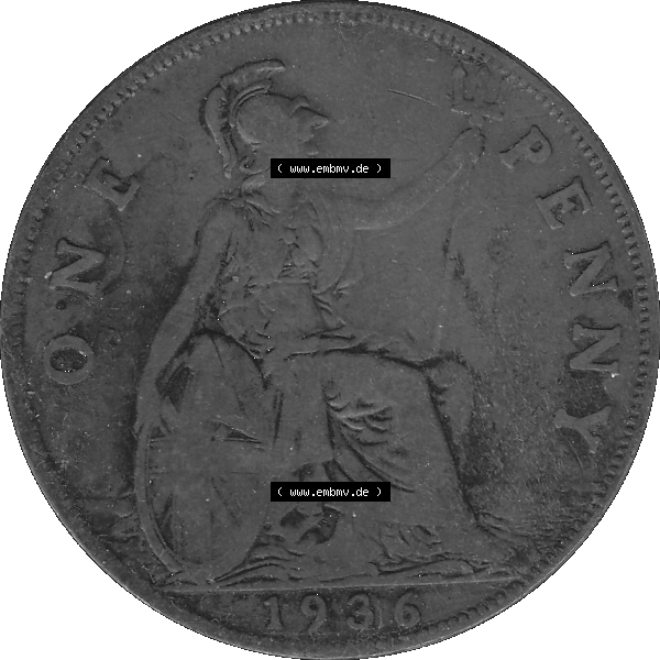 Grau bzw. s/w Alte Münze Großbritannien Umlaufmünze One Penny, 1 Pence 1928-1936, 1 One Penny, 1936-02 , George V. BM GEORGIVS V DEI GRABRITTOMNREX FIDDEFINDIMP Graustufen.... Sammlung Graustufen