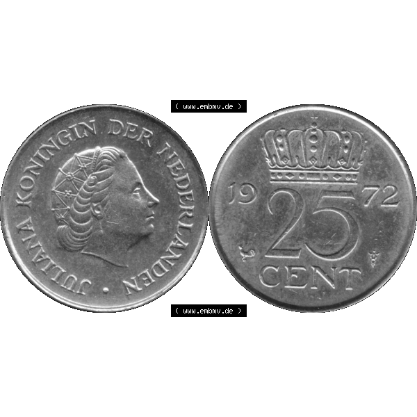 Grau bzw. s/w Alte Münze Niederlande in Grau 1950-1980, 25 Cent Königin Juliana 1972-01 Graustufen. Vorderseite und Rückseite horizontal auf einen digitalen grauen / Graustufen Bild der... Sammlung Graustufen