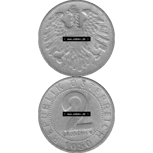 Grau bzw. s/w Alte Münze aus Österreich als PNG-Grafik 1950-1994, 2 Groschen 1950-01. Vorderseite und Rückseite der 2 Groschen Münze vertikal auf einen digitalen Bild der alten österreichischen... Sammlung Graustufen