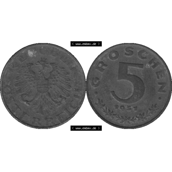 Grau bzw. s/w Alte Münzen Österreich 5 / Fünf Groschen in Farbe/Color 1948-1994, 5 Groschen 1951-01. Vorderseite und Rückseite der 5 / Fünf Groschen Münze aus dem... Sammlung Graustufen