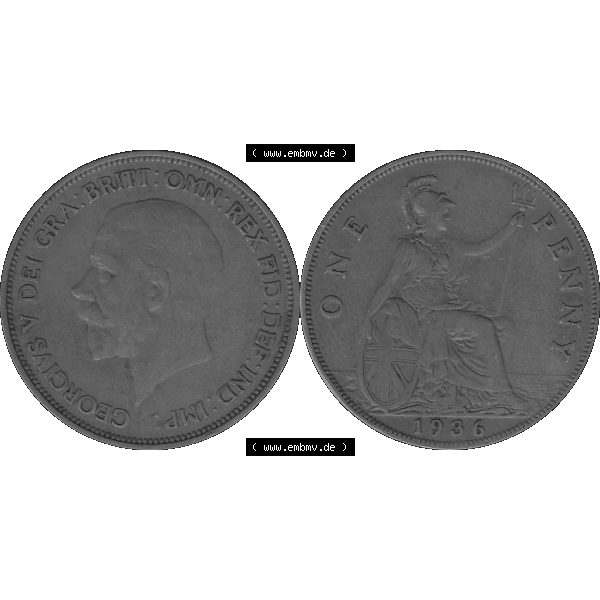 Grau bzw. s/w Alte Münze Großbritannien Umlaufmünze One Penny, 1 Pence 1928-1936, 1 One Penny, 1936-01, George V. BM GEORGIVS V DEI GRABRITTOMNREX FIDDEFINDIMP Graustufen.... Sammlung Graustufen
