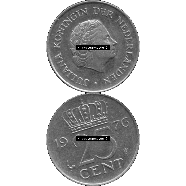 Grau bzw. s/w Alte Münze Niederlande in Grau 1950-1980, 25 Cent Königin Juliana 1976-01 Graustufen. Vorderseite und Rückseite vertikal auf einen digitalen in grau / Graustufen umgewandeltes... Sammlung Graustufen
