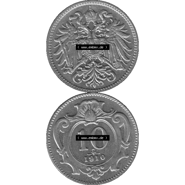 Grau bzw. s/w Alte Münze aus Kaiserreich Österreich als PNG-Grafik 1892-1911, 10 Heller 1910-01. Vorderseite und Rückseite der 10 Heller Kaiserreich Münze vertikal auf einen digitalen... Sammlung Graustufen