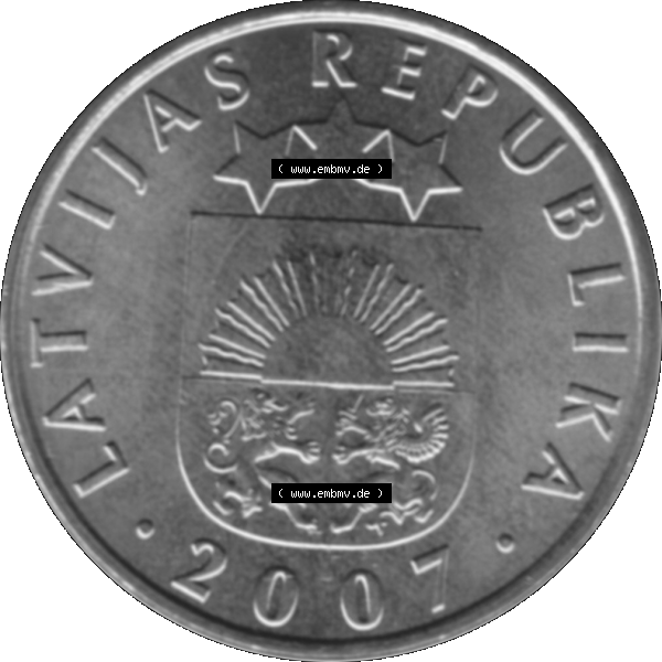 Grau bzw. s/w Alte Münze Lettland Umlaufmünze 1992-2009, 20 Santimu 2007-01, VS.: Staatswappen von Latvijas Republika, RS.: Wert-Zahl. Vorderseite der alten... Sammlung Graustufen