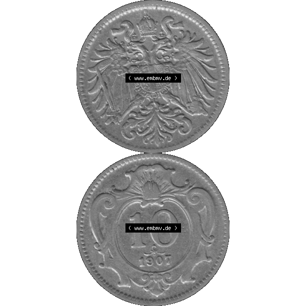 Grau bzw. s/w Alte Münze aus Kaiserreich Österreich als PNG-Grafik 1892-1911, 10 Heller 1907-01. Vorderseite und Rückseite der 10 Heller Kaiserreich Münze vertikal auf einen digitalen... Sammlung Graustufen