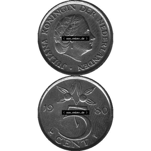 Grau bzw. s/w Alte Münze Niederlande in Grau 1950-1980, 5 Cent Königin Juliana 1980-01 Graustufen. Vorderseite und Rückseite vertikal auf einen digitalen in grau / Graustufen umgewandeltes... Sammlung Graustufen