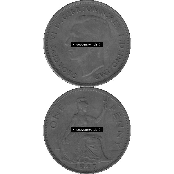 Grau bzw. s/w Alte Münzen Großbritannien Umlaufmünze 1937-1948, 1 One Penny 1945-01, George VI, GEORGIVS VI DGBROMNREX FDINDIMP. HP. Vorderseite und Rückseite der... Sammlung Graustufen