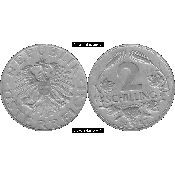 Grau bzw. s/w Alte Münze aus Österreich als PNG-Grafik 1946-1952, 2 Schilling 1947-01. Vorderseite und Rückseite der 2 Schilling Münze horizontal auf einen digitalen Bild der alten österreichischen... Sammlung Graustufen