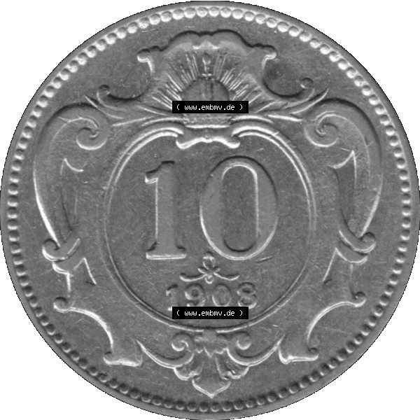 Grau bzw. s/w Alte Münze aus Kaiserreich Österreich als PNG-Grafik 1892-1911, 10 Heller 1908-01. Rückseite der alten 10 Heller Umlaufmünze aus Österreichischen Kaiserreich,... Sammlung Graustufen