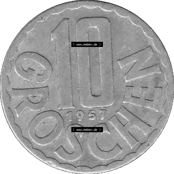 Grau bzw. s/w Alte Münze 10 / Zehn Groschen Österreich in original Farbgebung von Scanner transparenten PNG 1951-2001, 10 Groschen 1957-02. Rückseite der alten 10 / Zehn Groschen... Sammlung Graustufen
