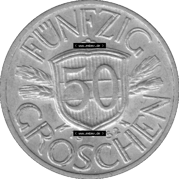 Grau bzw. s/w Alte Münze aus Österreich als PNG-Grafik 1946-1955, 50 Groschen 1952-01. Rückseite der alten 50 Groschen Umlaufmünze aus Österreich, Münze wurde vor dem... Sammlung Graustufen