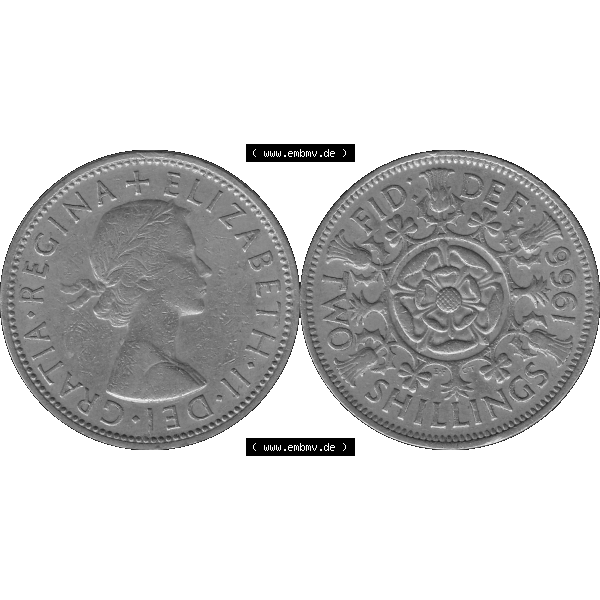 Grau bzw. s/w Alte Münze Großbritannien, Bild in Farbe bzw. Color PNG-Grafik, Umlaufmünze aus dem Zeitraum 1954-1970, 2 Schilling-Florin, Two Shillings, 1966-03 ELIZABETH... Sammlung Graustufen