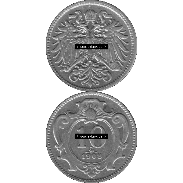 Grau bzw. s/w Alte Münze aus Kaiserreich Österreich als PNG-Grafik 1892-1911, 10 Heller 1908-01 Graustufen. Vorderseite und Rückseite in Graustufen der 10 Heller Münze aus dem österreichischen... Sammlung Graustufen