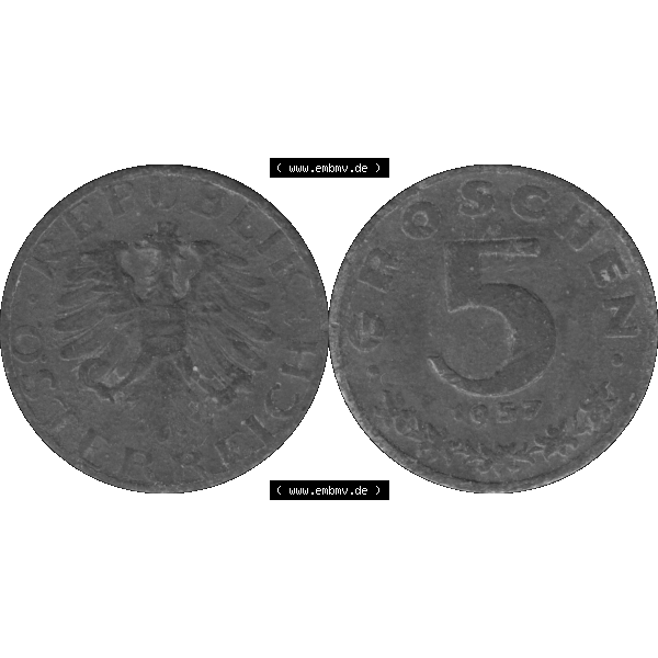 Grau bzw. s/w Alte Münzen Österreich 5 / Fünf Groschen in Farbe/Color 1948-1994, 5 Groschen 1957-01. Vorderseite und Rückseite der 5 / Fünf Groschen Münze aus dem... Sammlung Graustufen