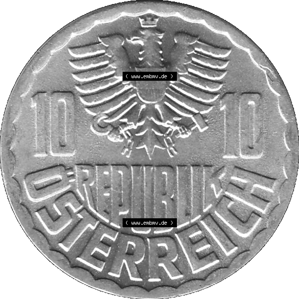 Grau bzw. s/w Alte Münze 10 / Zehn Groschen Österreich in original Farbgebung von Scanner transparenten PNG 1951-2001, 10 Groschen 1972-01. Vorderseite der alten österreichischen 10 /... Sammlung Graustufen