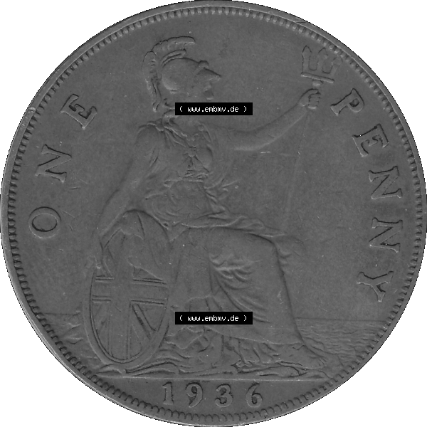 Grau bzw. s/w Alte Münze Großbritannien Umlaufmünze One Penny, 1 Pence 1928-1936, 1 One Penny, 1936-01, George V. BM GEORGIVS V DEI GRABRITTOMNREX FIDDEFINDIMP Graustufen.... Sammlung Graustufen