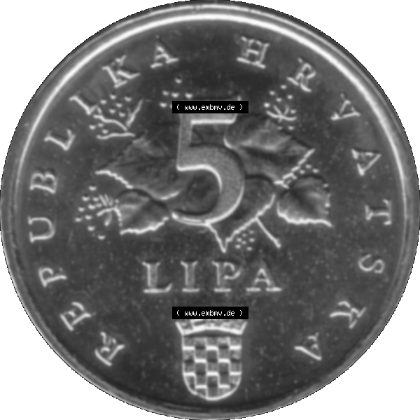 Grau bzw. s/w Alte Münze Kroatien Umlaufmünze 1994-2021, 5 Lipa 2000-01. Vorderseite der alten kroatische Münze aus dem Zeitraum 1993-2022. Umlaufmünze aus Kroatien, zum... Sammlung Graustufen