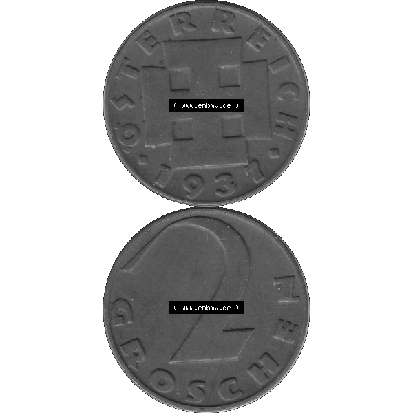 Grau bzw. s/w Alte Münze 2 / Zwei Groschen Österreich in original Farbgebung von Scanner transparenten PNG 1925-1938, 2 Zwei Groschen, Krückenkreuz 1937-02. Vorderseite und Rückseite... Sammlung Graustufen