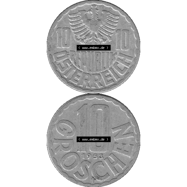Grau bzw. s/w Alte Münze 10 / Zehn Groschen Österreich in original Farbgebung von Scanner transparenten PNG 1951-2001, 10 Groschen 1953-01. Vorderseite und Rückseite der Kursmünze... Sammlung Graustufen