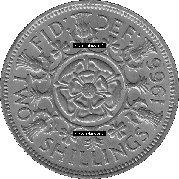 Grau bzw. s/w Alte Münze Großbritannien, Bild in Farbe bzw. Color PNG-Grafik, Umlaufmünze aus dem Zeitraum 1954-1970, 2 Schilling-Florin, Two Shillings, 1966-01 ELIZABETH... Sammlung Graustufen