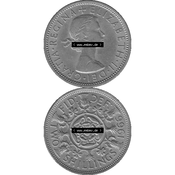 Grau bzw. s/w Alte Münze Großbritannien, Bild in Farbe bzw. Color PNG-Grafik, Umlaufmünze aus dem Zeitraum 1954-1970, 2 Schilling-Florin, Two Shillings, 1966-01 ELIZABETH... Sammlung Graustufen