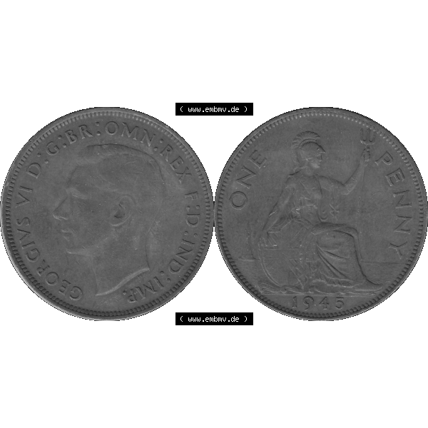 Grau bzw. s/w Alte Münzen Großbritannien Umlaufmünze 1937-1948, 1 One Penny 1945-01, George VI, GEORGIVS VI DGBROMNREX FDINDIMP. HP. Vorderseite und Rückseite der... Sammlung Graustufen